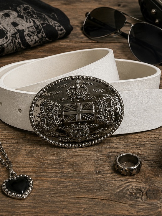 Vintage White Belt Crown Union Jack Buckle Punk Y2K Boho 33-37 main image 8